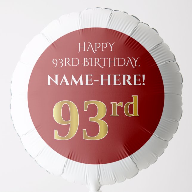 Elegant, Red, Faux Gold Look 93rd Birthday Balloon (Front)