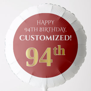 Elegant, Red, Faux Gold Look 94th Birthday Balloon