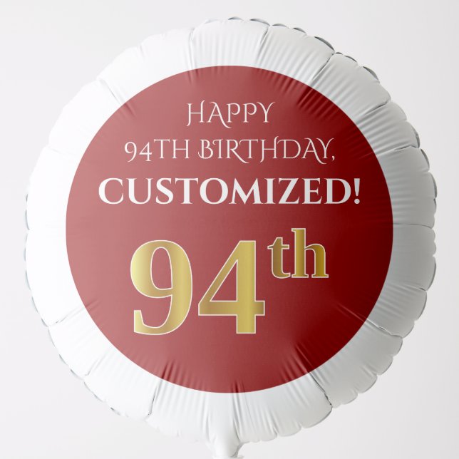 Elegant, Red, Faux Gold Look 94th Birthday Balloon (Front)