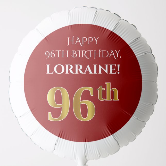 Elegant, Red, Faux Gold Look 96th Birthday Balloon (Front)