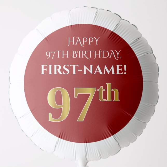 Elegant, Red, Faux Gold Look 97th Birthday Balloon (Front)