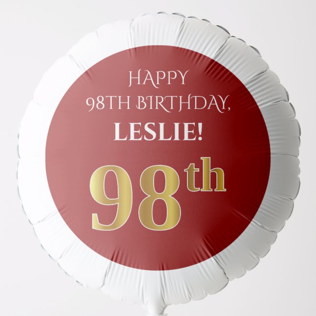 Elegant, Red, Faux Gold Look 98th Birthday Balloon (Front)