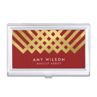 Elegant Red Faux Gold Modern Geometric Business Card Case