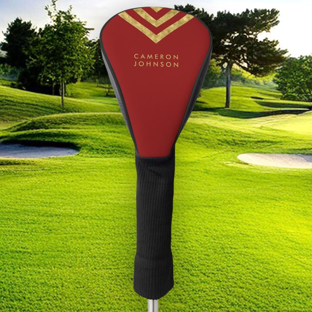 Elegant Red Faux Gold Name Chevron Geometric Golf Head Cover (Creator Uploaded)
