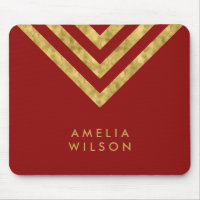Elegant Red Faux Gold Name Chevron Geometric Mouse Pad