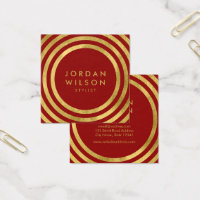 Elegant Red Faux Gold Round Lines Geometric Square Business Card