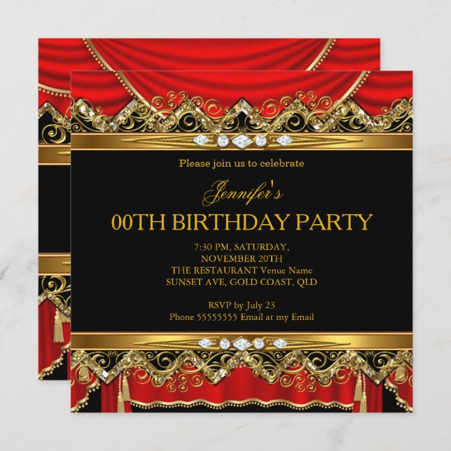 Elegant Red Faux Gold Silk Black Diamond Invite (Front/Back)