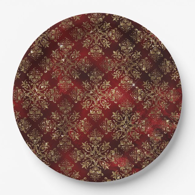 Elegant Red & Faux Gold  Vintage Christmas  Paper Plates (Front)