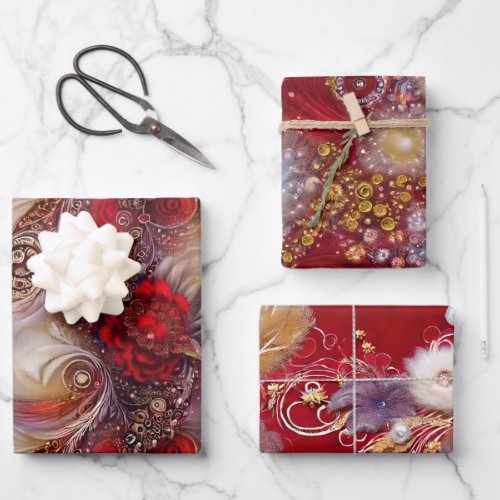 Elegant Red Feather Beaded Christmas Floral Pearl Wrapping Paper Sheets