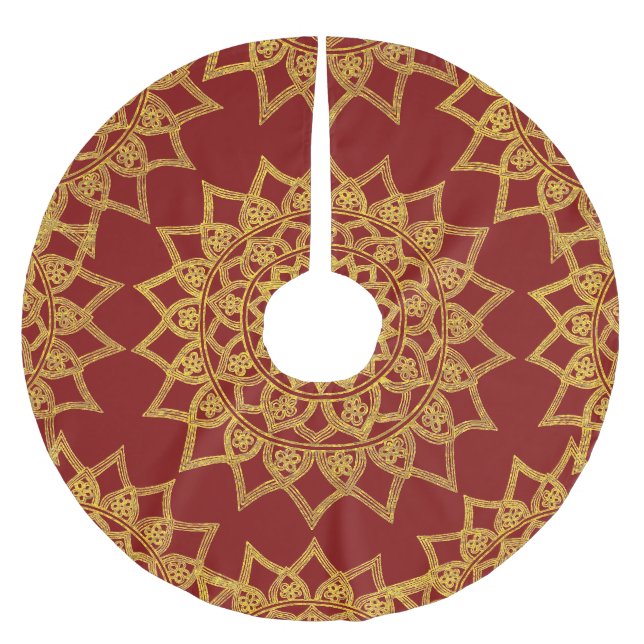 Elegant Red Fine Gold Floral Mandala Christmas Brushed Polyester Tree Skirt (Front)