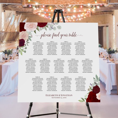 Elegant Red Floral 13 Table Wedding Seating Chart Foam Board