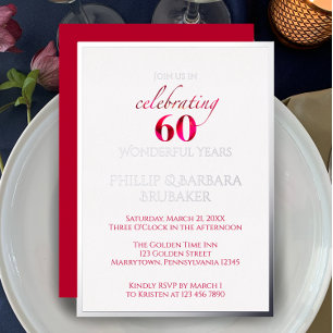 Elegant Red Floral 60th Wedding Anniversary Party Foil Invitation