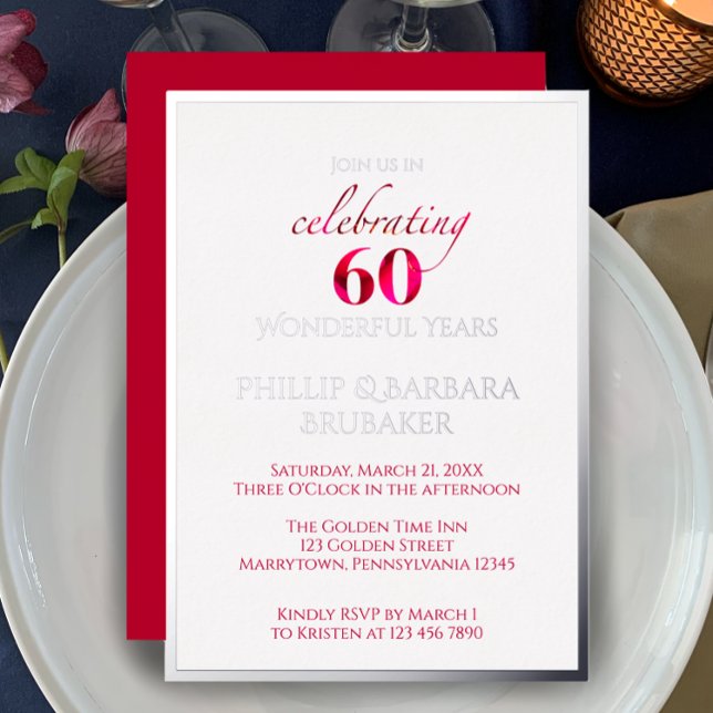 Elegant Red Floral 60th Wedding Anniversary Party Foil Invitation (Celebrate the 60th anniversary by customizing this party invitation template. Festive elegant unique)