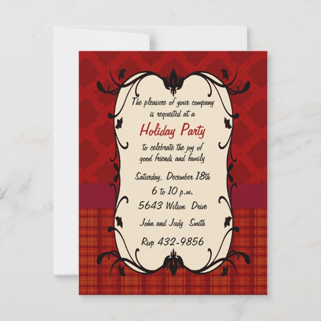 Elegant Red Floral And Plaid Holiday Invitation (Front)