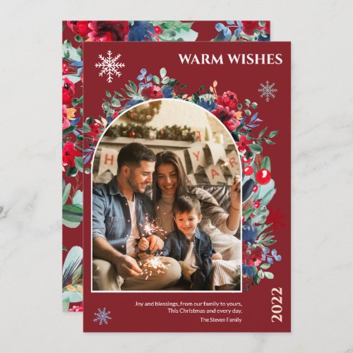 Elegant red floral arch snowflake warm wishes holiday card
