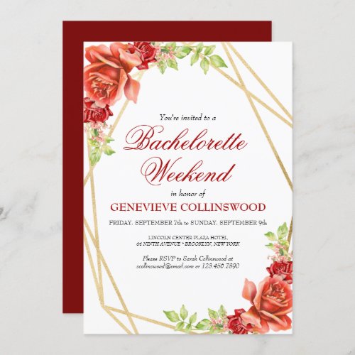 Elegant Red Floral Bachelorette Weekend Itinerary Invitation