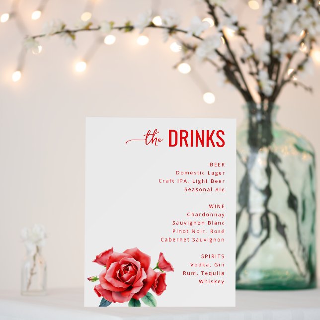 Elegant Red Floral Beverage Menu Foam Board (In Situ (Wedding))