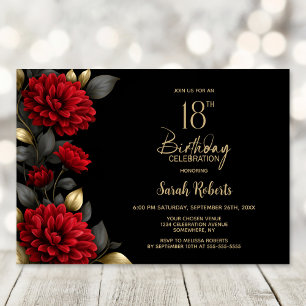 Elegant Red Floral Black 18th Birthday Party Invitation