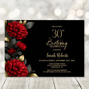 Elegant Red Floral Black 30th Birthday Party Invitation