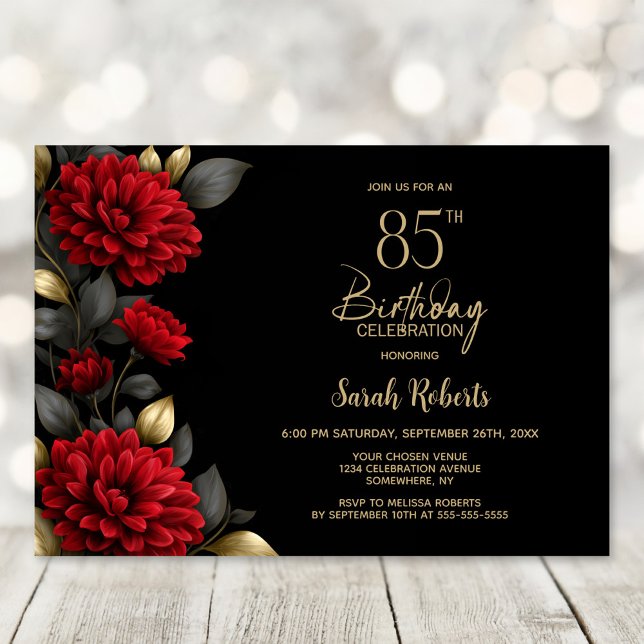 Elegant Red Floral Black 85th Birthday Party Invitation (Creator Uploaded)