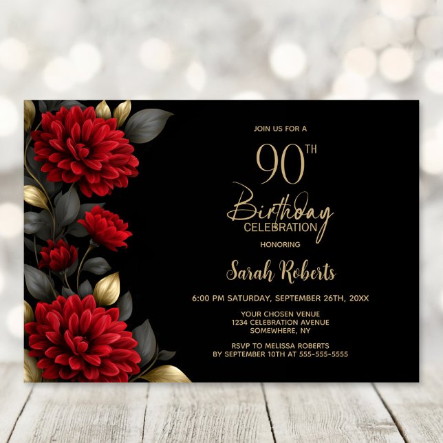 Elegant Red Floral Black 90th Birthday Party Invitation (Creator Uploaded)