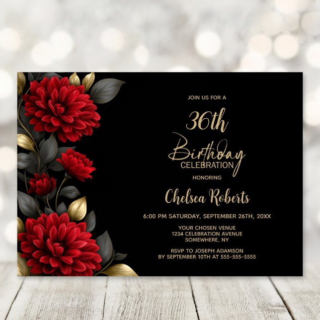 Elegant Red Floral Black Birthday Party Invitation (Creator Uploaded)