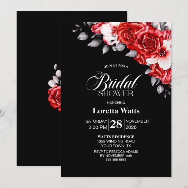 Elegant Red Floral Black Bridal Shower Invitation (Front/Back)