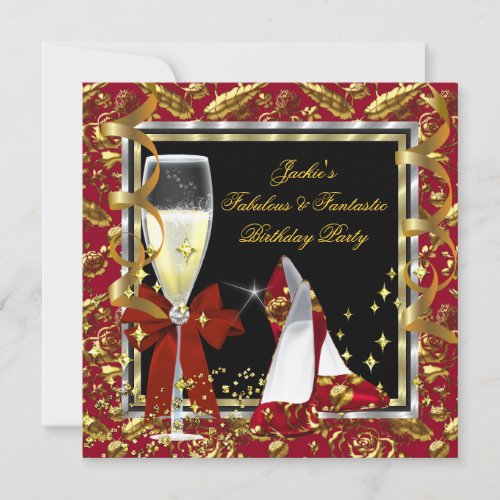 Elegant RED Floral Black Gold Birthday Party Invitation