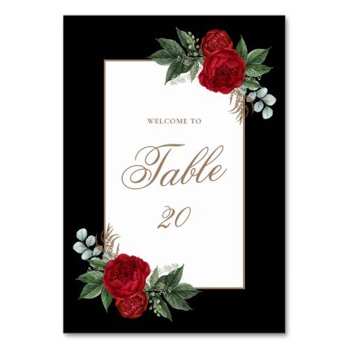 Elegant Red Floral Black  Gold Framed Wedding Table Number