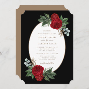 Elegant Red Floral Black & Gold Wedding Invitation