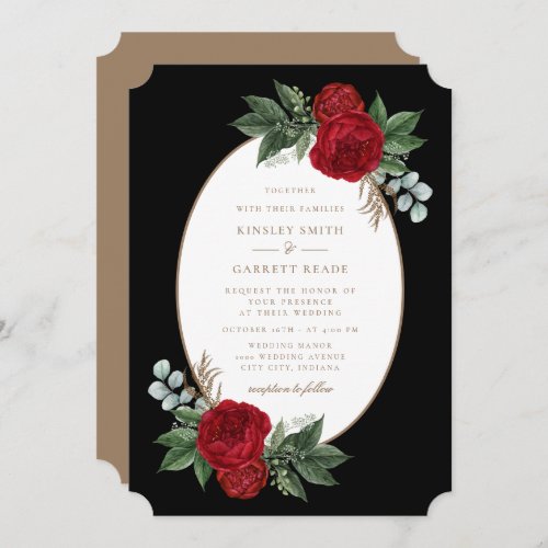 Elegant Red Floral Black  Gold Wedding Invitation