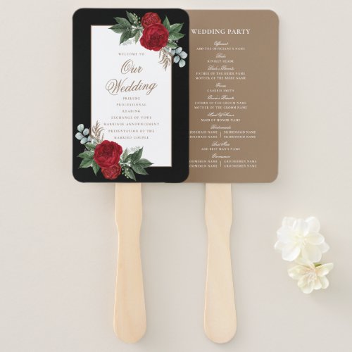 Elegant Red Floral Black  Gold Wedding Program Hand Fan