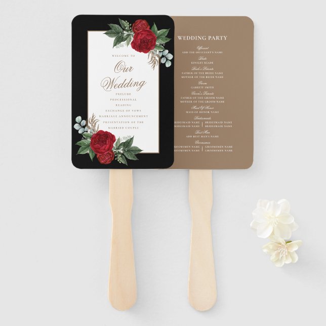 Elegant Red Floral Black & Gold Wedding Program Hand Fan (Front and Back)