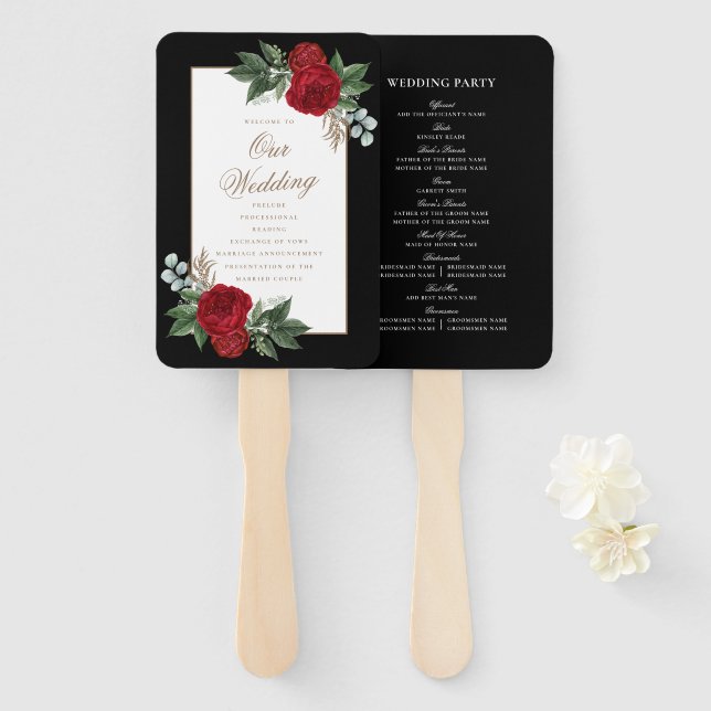 Elegant Red Floral Black & White Wedding Program Hand Fan (Front and Back)
