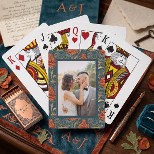 Elegant Red Floral Blue William Morris Photo Poker Cards