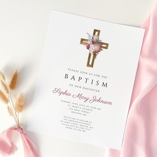 Elegant Red Floral Boho Cross Baptism  Invitation