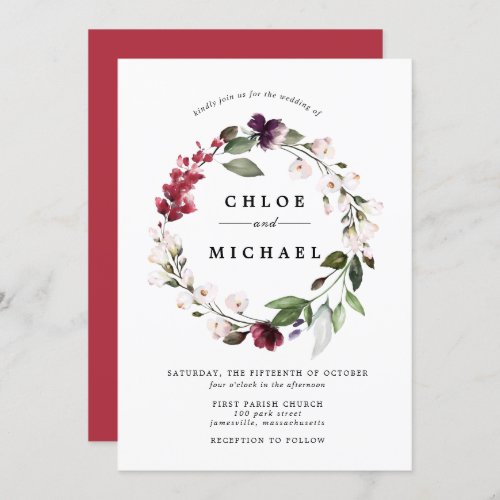 Elegant Red Floral Botanical Wreath Wedding Invitation