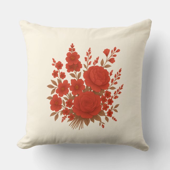Elegant Red Floral Bouquet with Roses Romantic Throw Pillow (Front)
