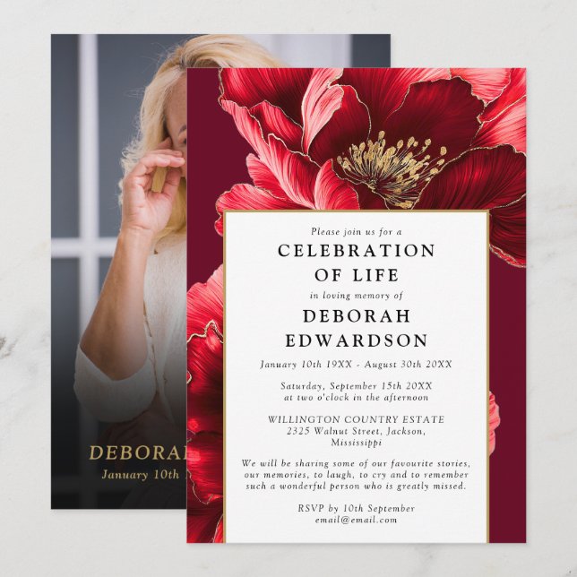 Elegant Red Floral Celebration Of Life Photo Invitation (Front/Back)