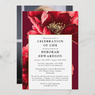 Elegant Red Floral Celebration Of Life Photo Invitation