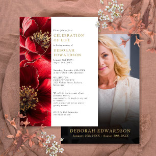 Elegant Red Floral Celebration Of Life Photo Invitation