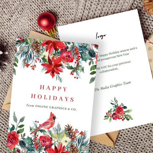 Elegant red floral corporate business LOGO Holiday Card