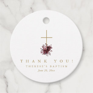 Elegant Red Floral Cross Baptism Thank You Favor Tags