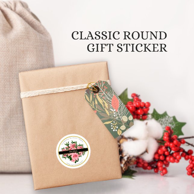 Elegant Red Floral Custom Company Business Name  Classic Round Sticker (Creator Uploaded)