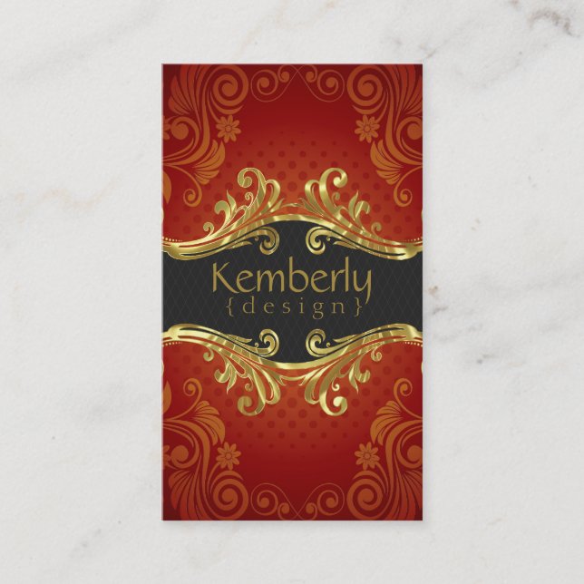 Elegant Red Floral Damasks With Gold Frame Business Card (Front)
