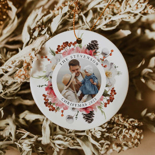 Elegant Red Floral Family Photo Christmas Ceramic Ornament