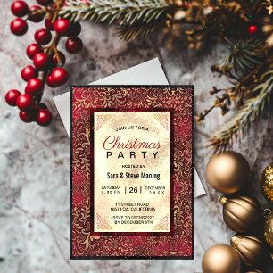Elegant red floral faux gold Christmas Invitation