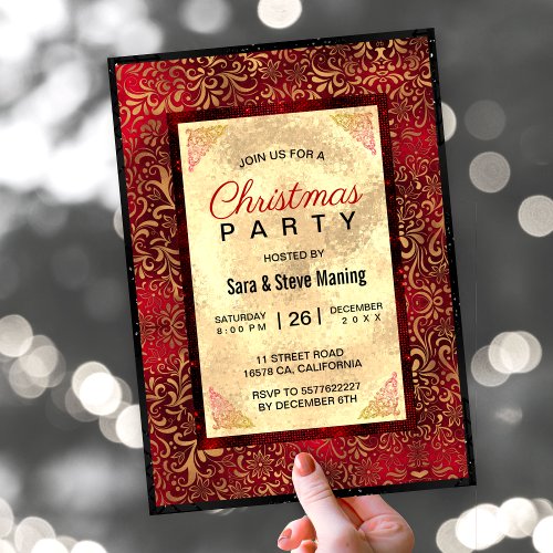 Elegant red floral faux gold Christmas  Invitation