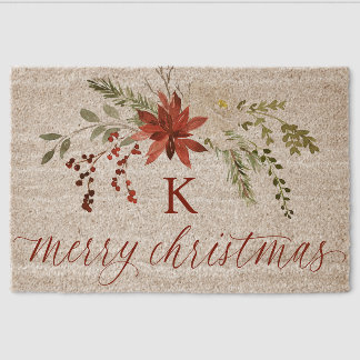 Elegant Red Floral Festive Monogram Christmas Fiber Doormat