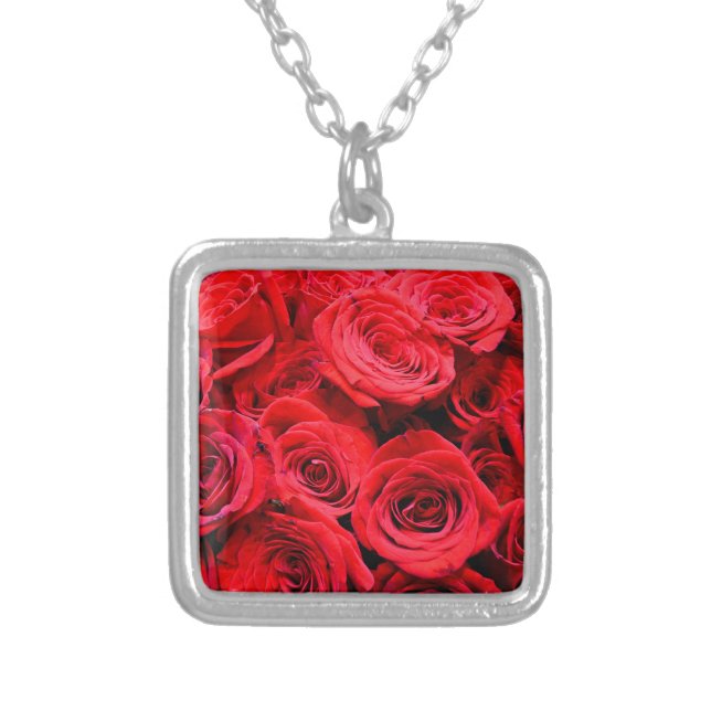 Elegant red floral flowers roses silver plated necklace (Front)